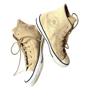 Converse All Star Hi-Top Classic Beige Leather Sneaker Womens Sz 8 Lace Up Shoes